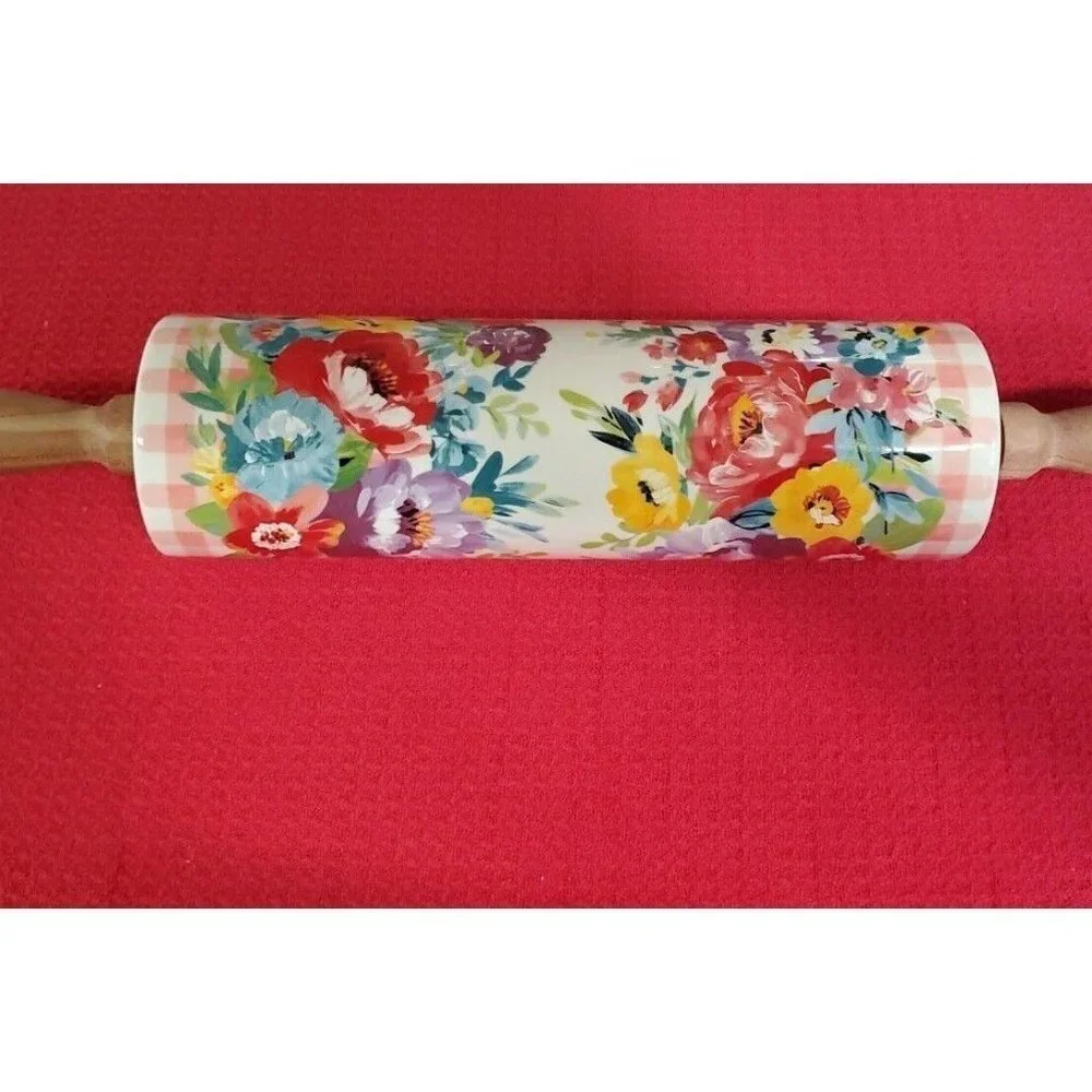 The Pioneer Woman Ceramic Rolling Pin Sweet Romance Blossom w/Acacia Handles NEW